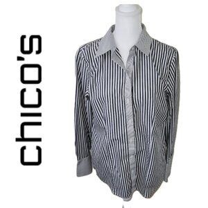 Chico's No Iron Striped Button Up Shirt Long Sleeve Gray & White Blouse Size S